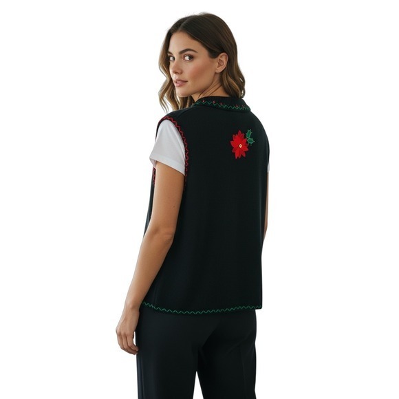 Vintage White Stag XL Poinsettia Christmas Holiday Vest Sleeveless Black Floral - Picture 3 of 11